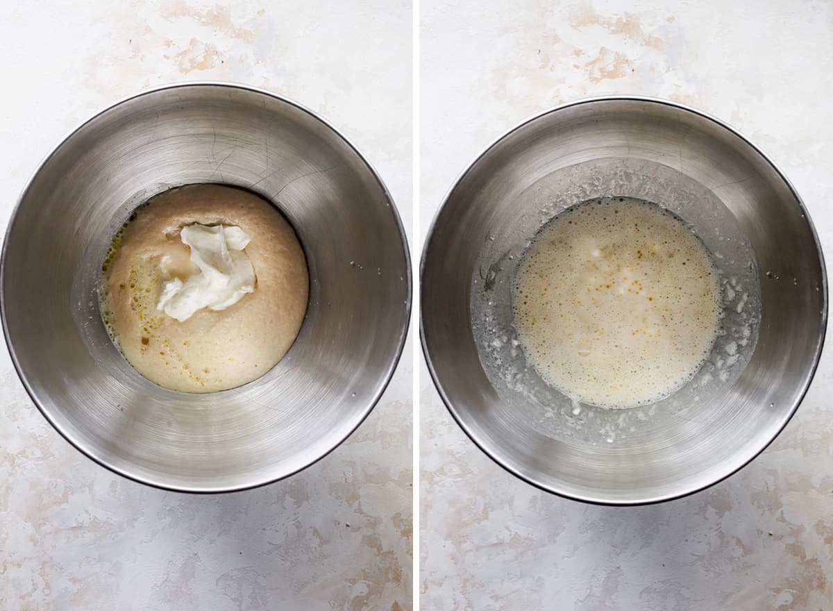 two photos showing How to Make Naan Bread - proofing yeast and adding wet ingredients