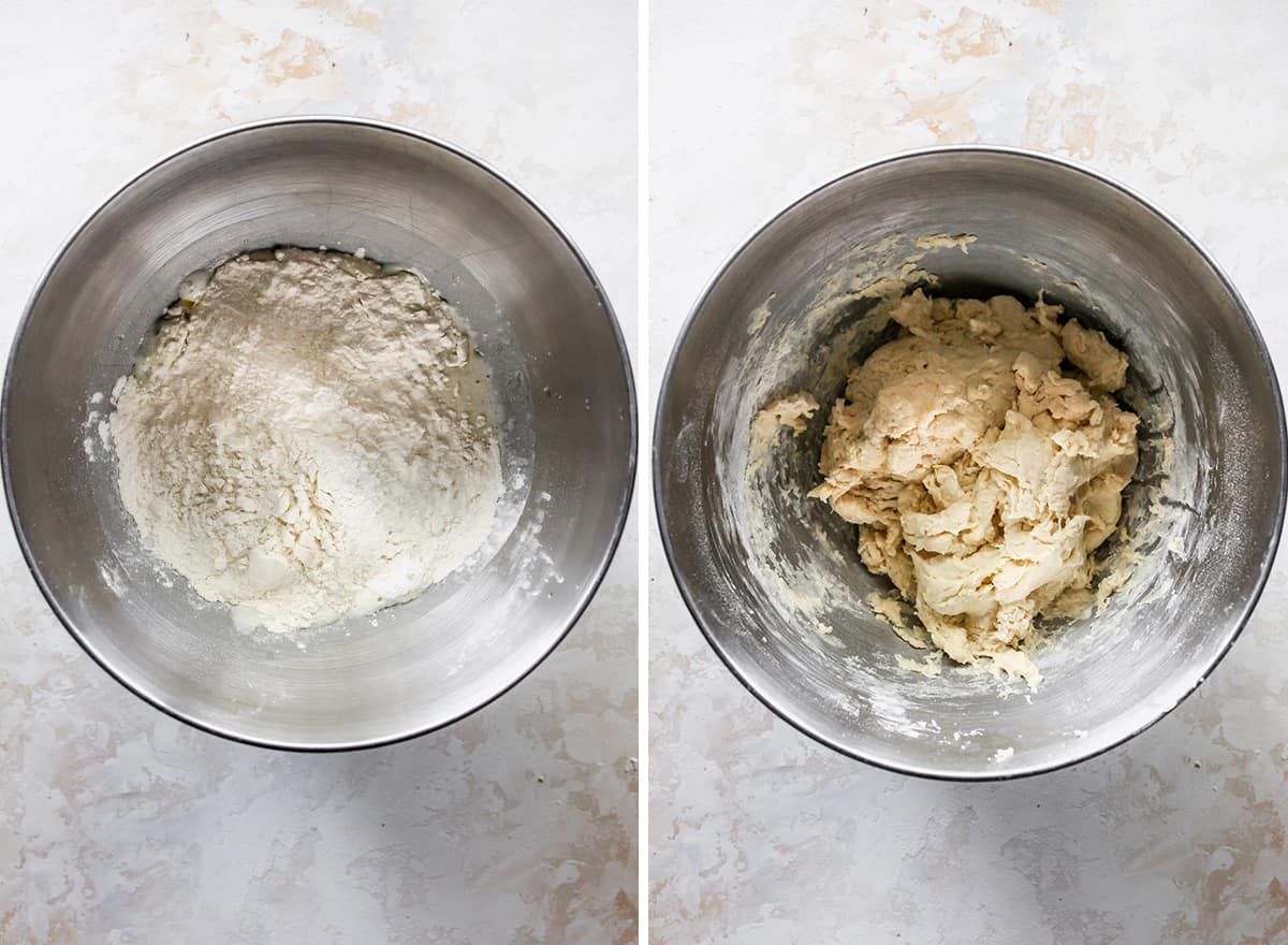 two photos showing How to Make Naan Bread - adding dry ingredients and making the dough