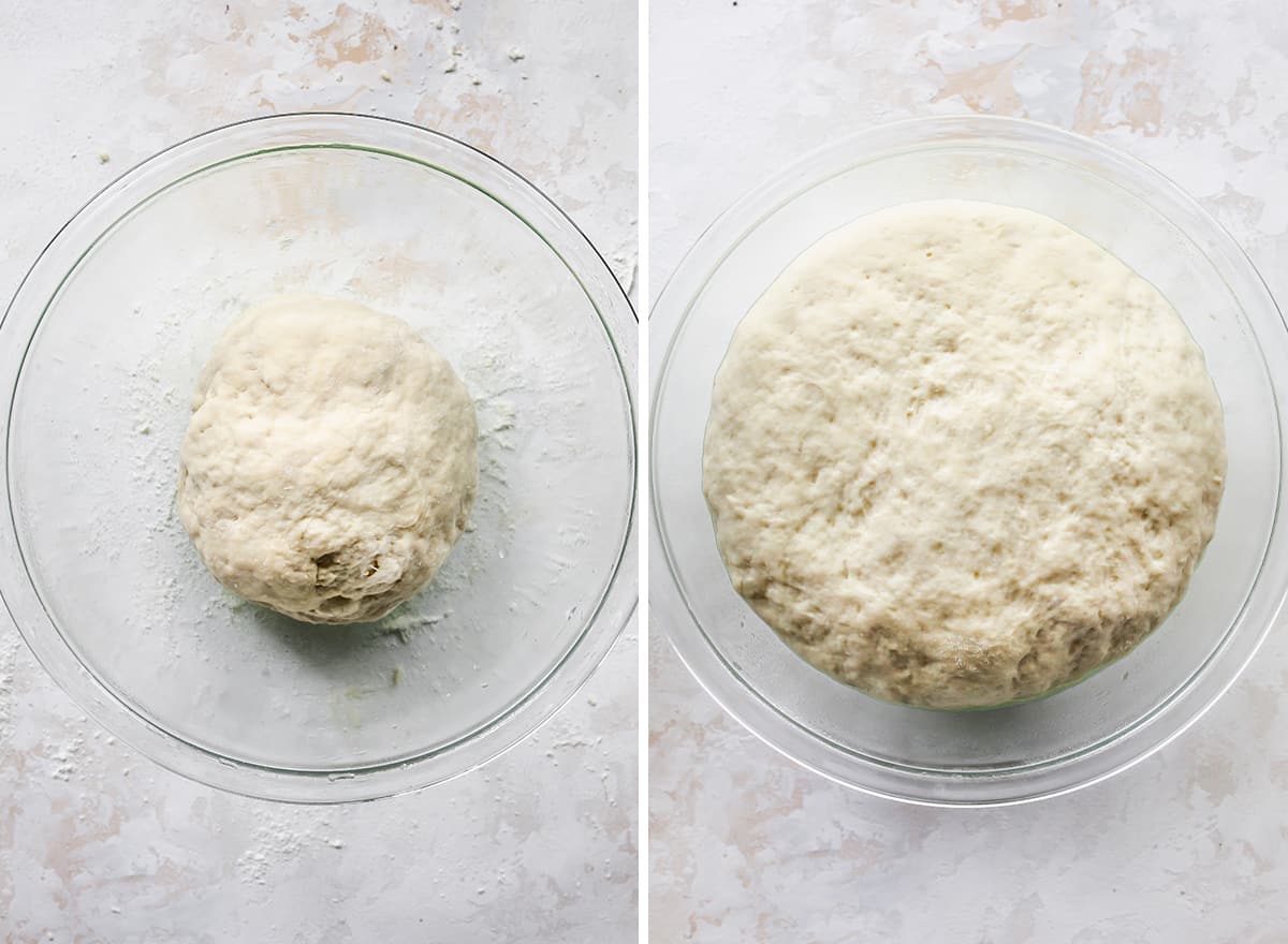 two photos showing How to Make Naan Bread, the dough before and after rising in a glass bowl