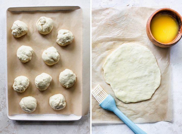 two photos showing How to Make Naan Bread - portioning out the dough and then rolling it out