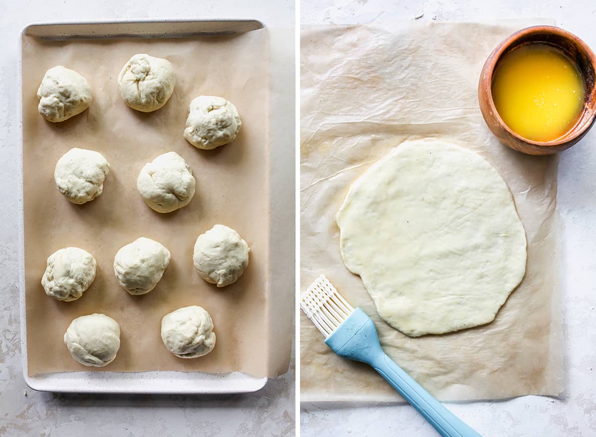 two photos showing How to Make Naan Bread - portioning out the dough and then rolling it out