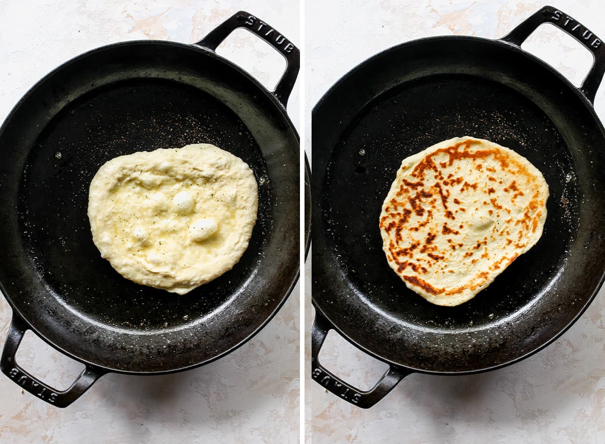 two photos showing How to Make Naan Bread - cooking it in a cast iron skillet