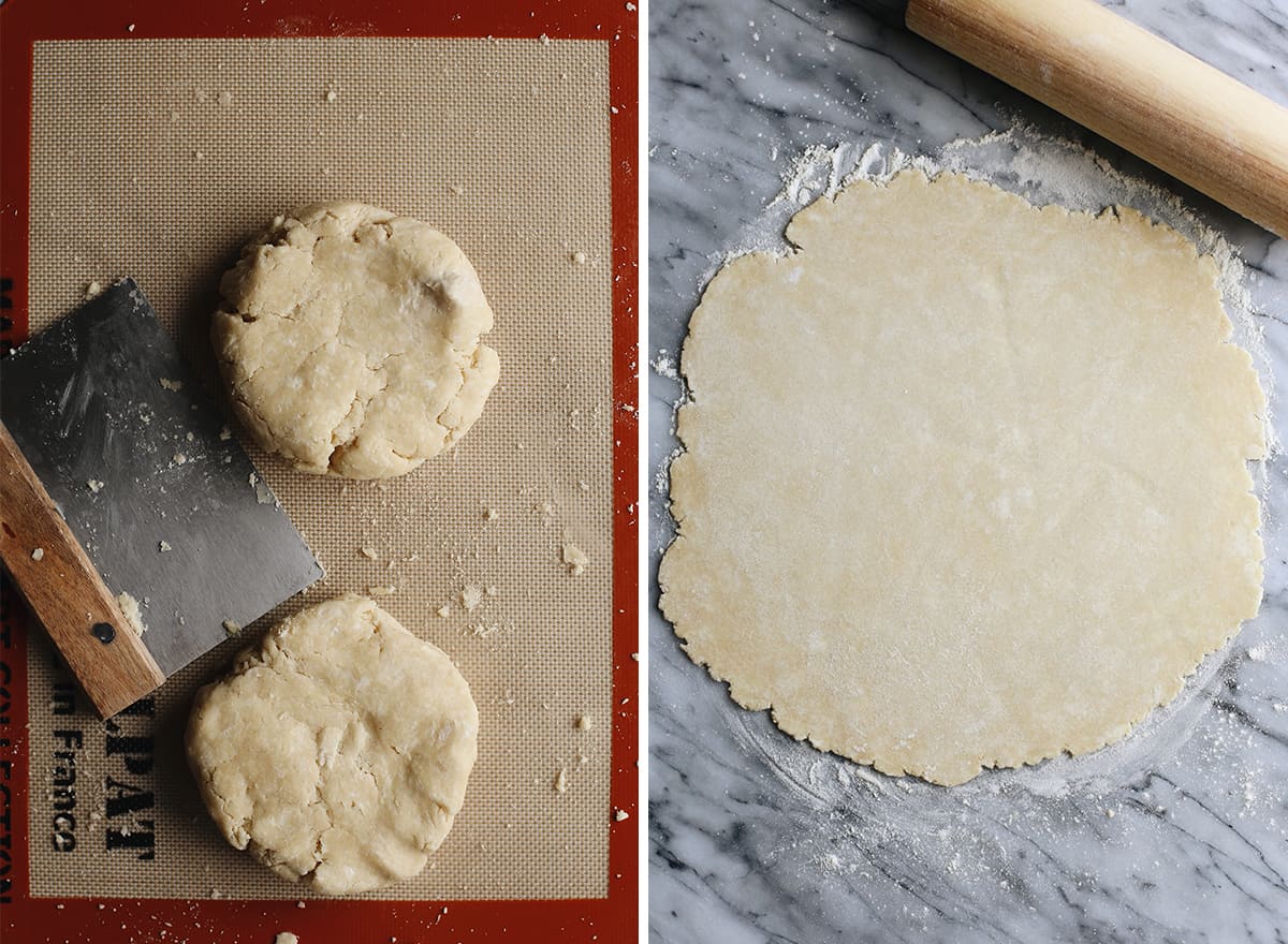 two photos showing How to Make Peach Pie crust shaping and rolling out dough.