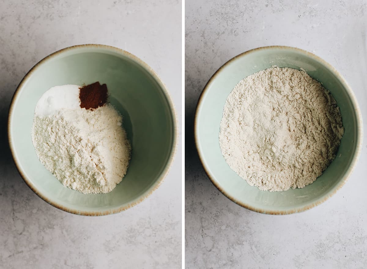 two overhead photos showing How to Make Monster Cookies - mixing dry ingredients