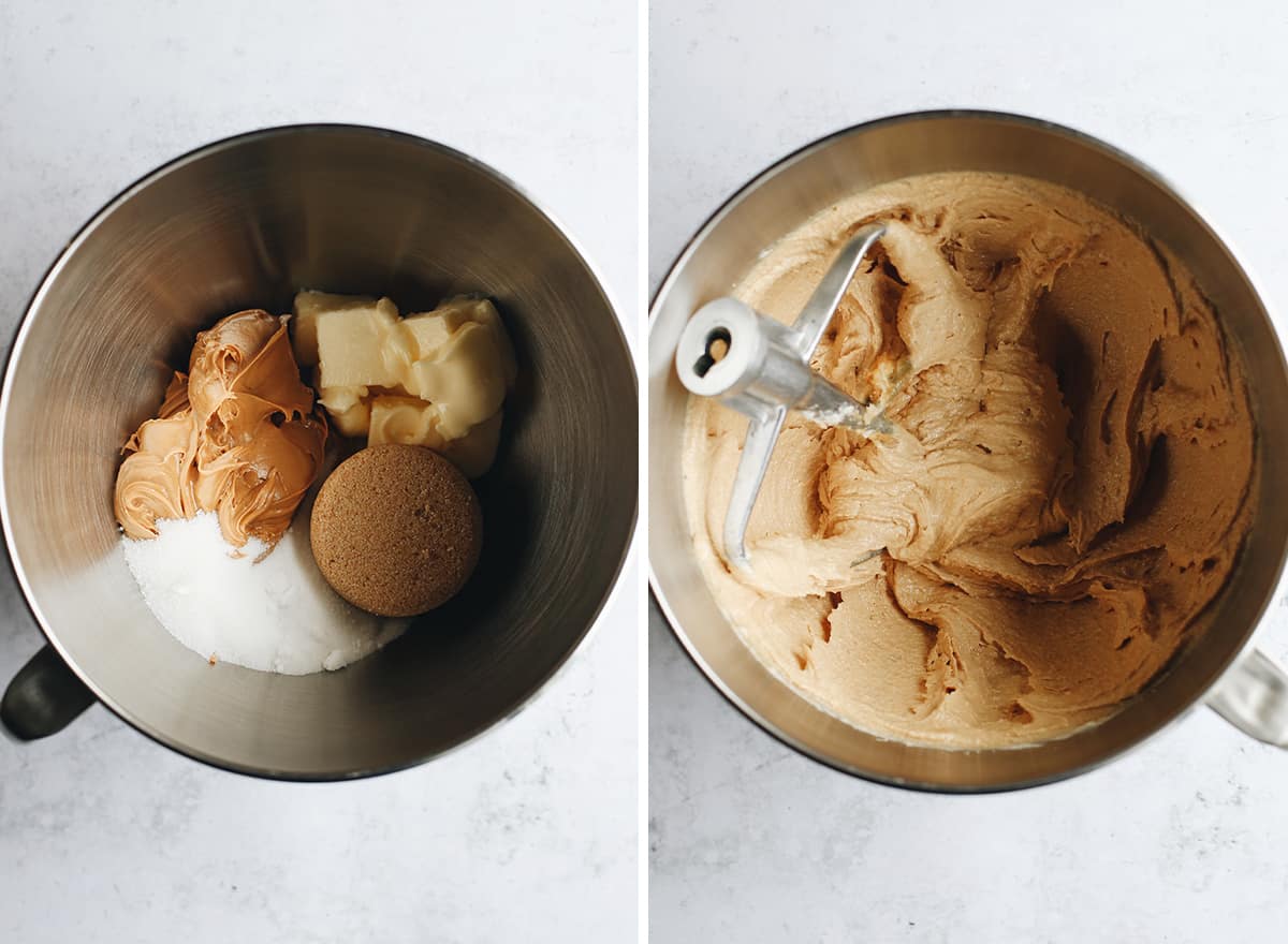two overhead photos showing How to Make Monster Cookies - creaming butter, sugars and peanut butter