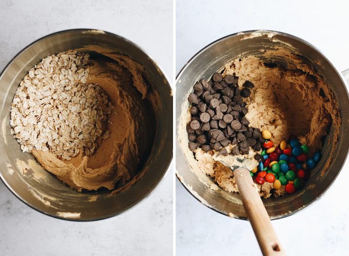 two photos showing How to Make Monster Cookies adding oats, chocolate chips and M&Ms