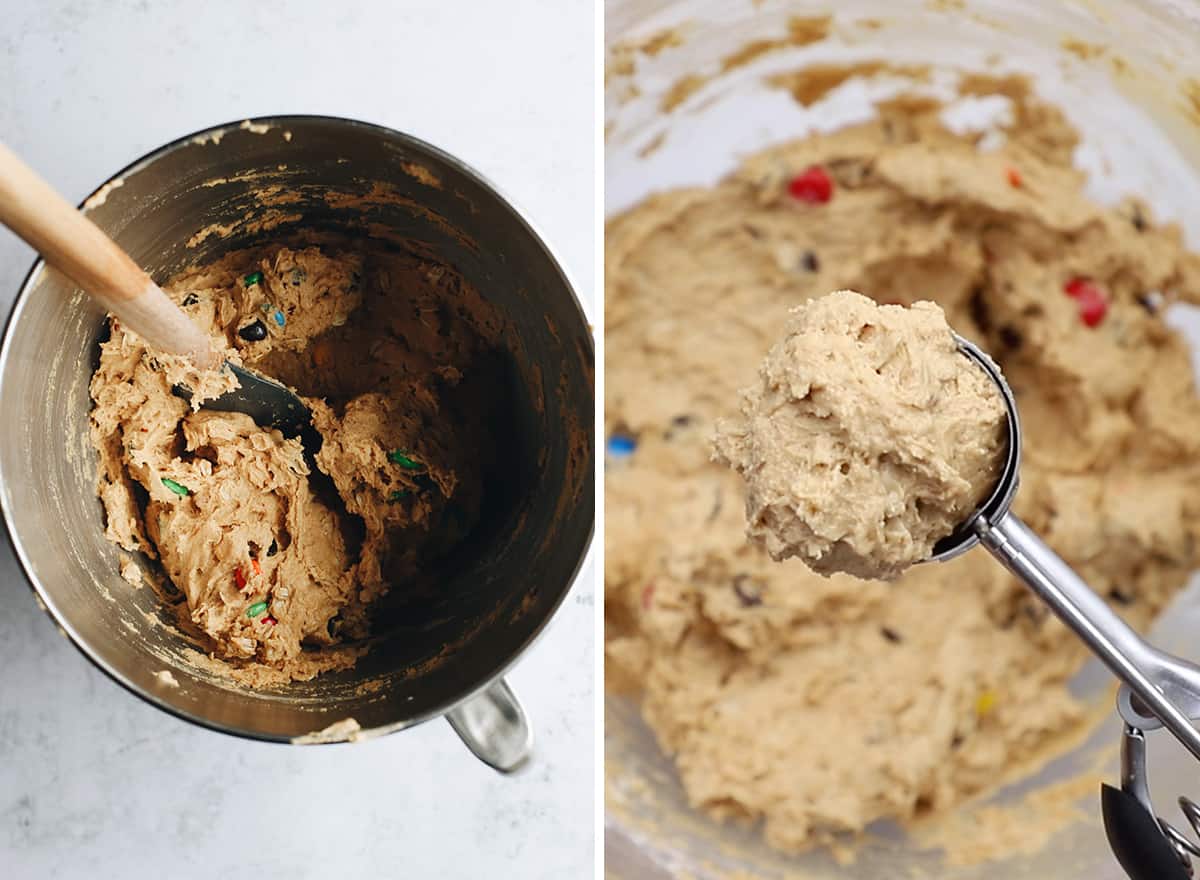 two photos showing How to Make Monster Cookies, chilling and measuring out dough