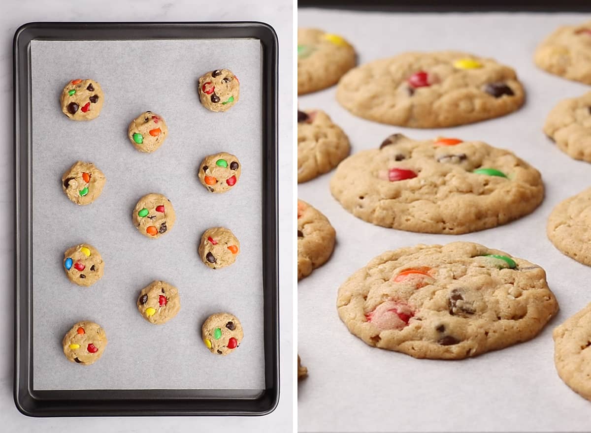 two photos showing How to Make Monster Cookies - unbaked and then baked on a cookie sheet