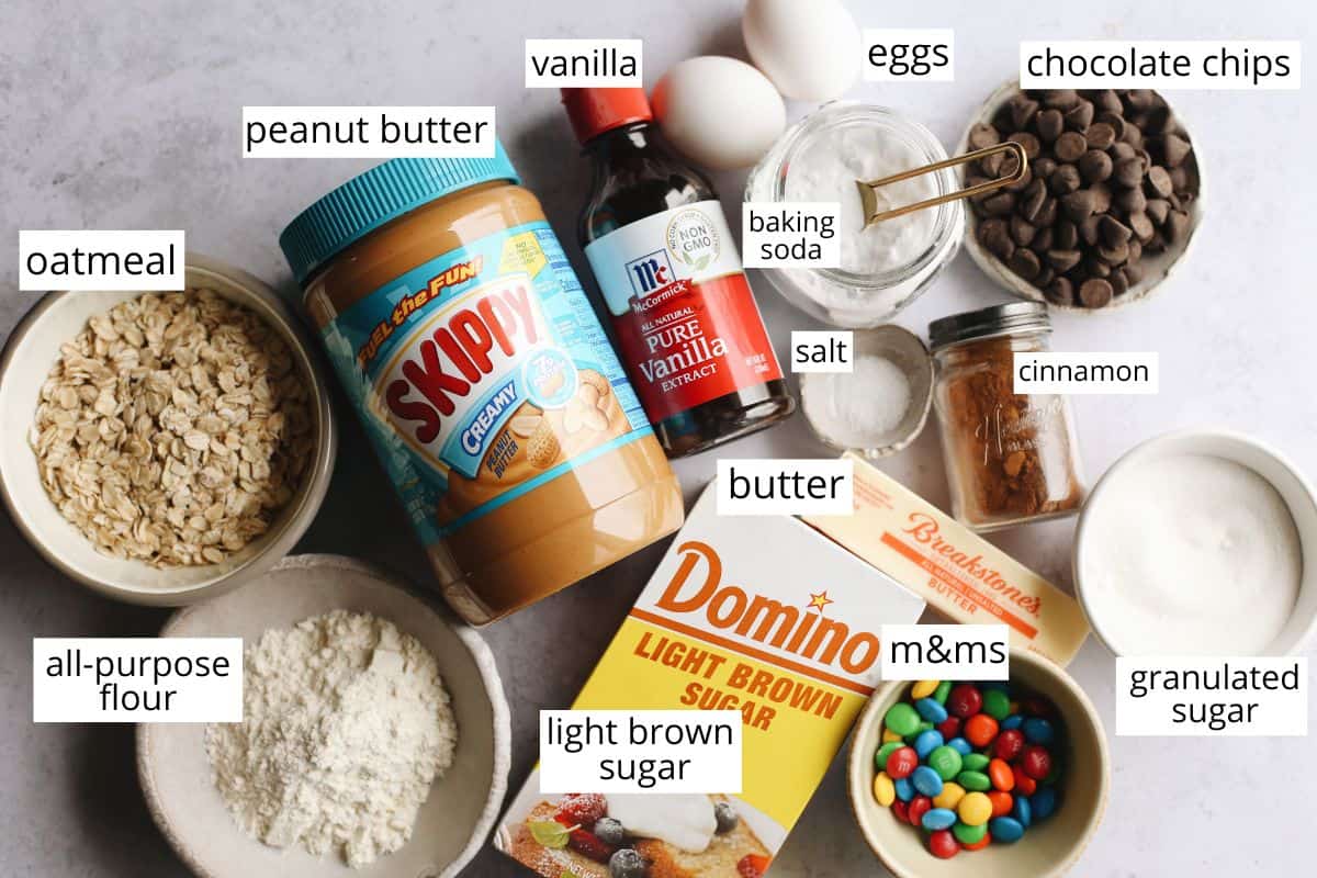 overhead photo of the labeled ingredients in this monster cookies recipe