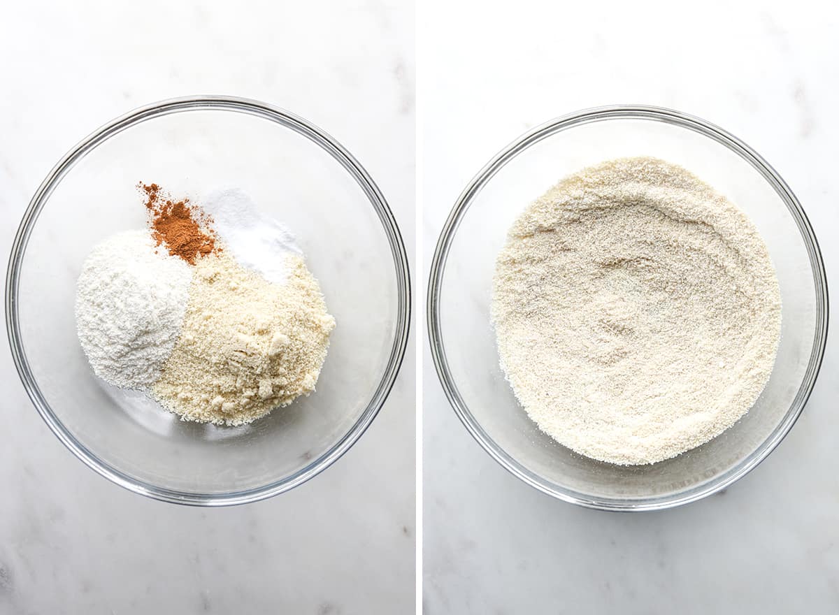 two photos showing how to make Paleo Chocolate Chip Cookies, mixing the dry ingredients