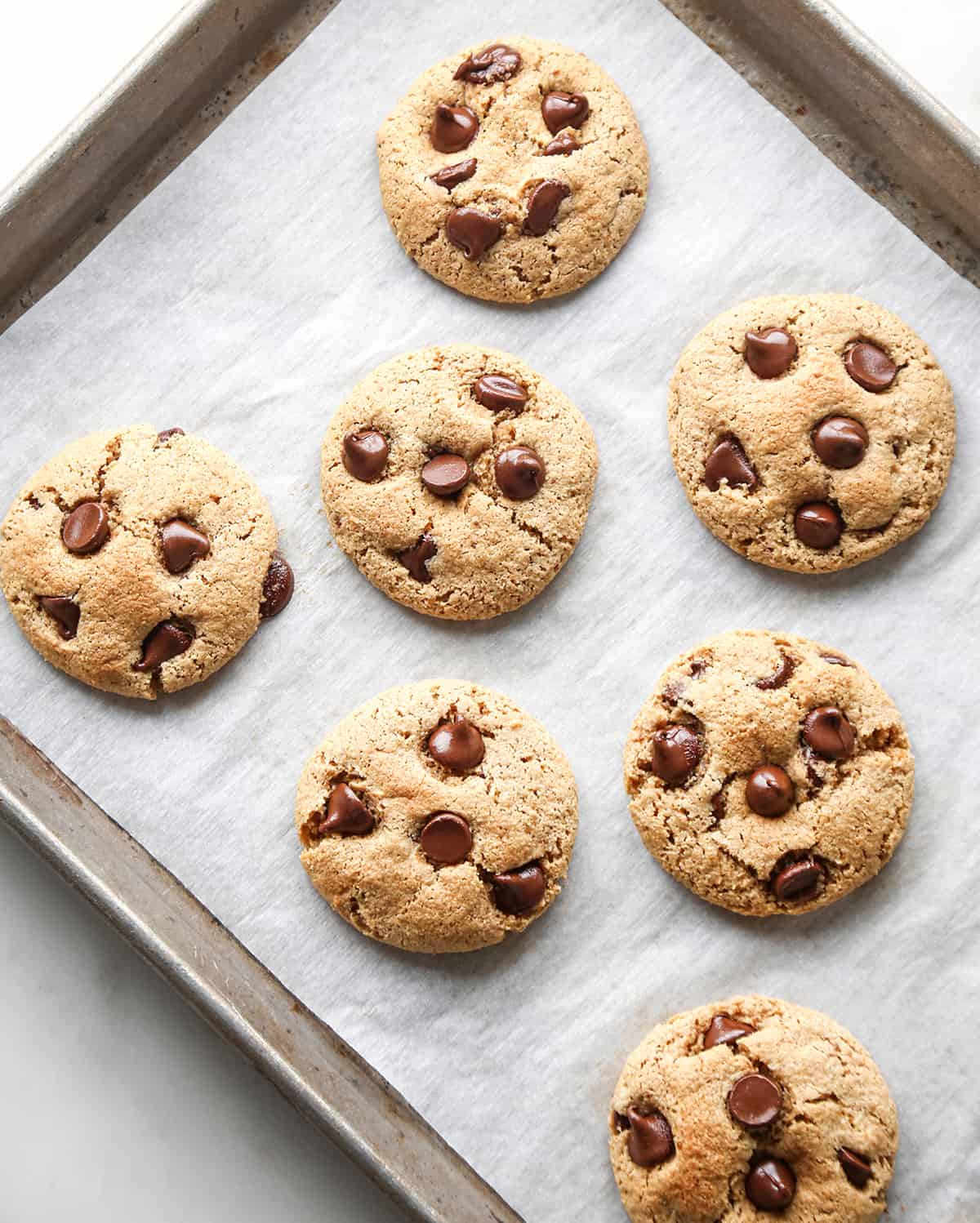 7 Paleo Chocolate Chip Cookies on a baking sheet lined with parchment paper