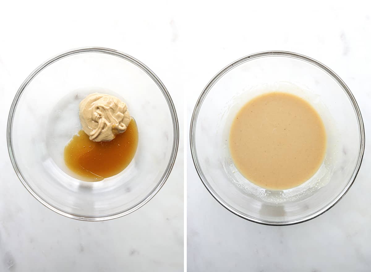two photos showing how to make Paleo Chocolate Chip Cookies mixing cashew butter and honey