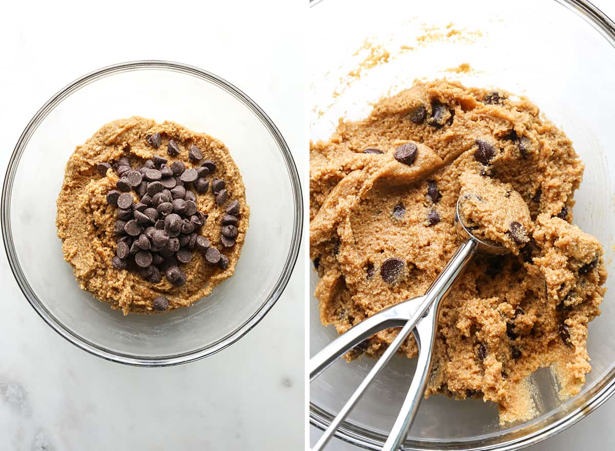two photos showing how to make Paleo Chocolate Chip Cookies, adding chocolate chips & measuring with a cookie scoop