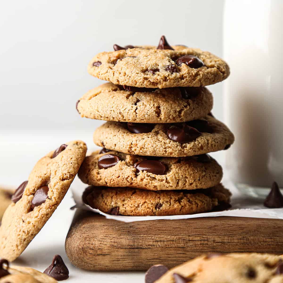 front view of a stack of 5 Paleo Chocolate Chip Cookies with one leaning against it