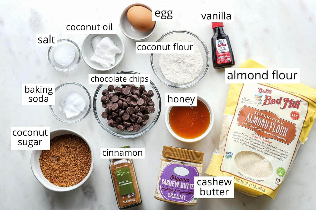overhead photo of the labeled ingredients in this Paleo Chocolate Chip Cookie recipe