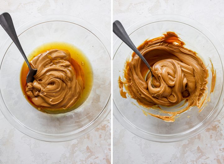 two photos showing how to make peanut butter protein balls - combining the honey and peanut butter