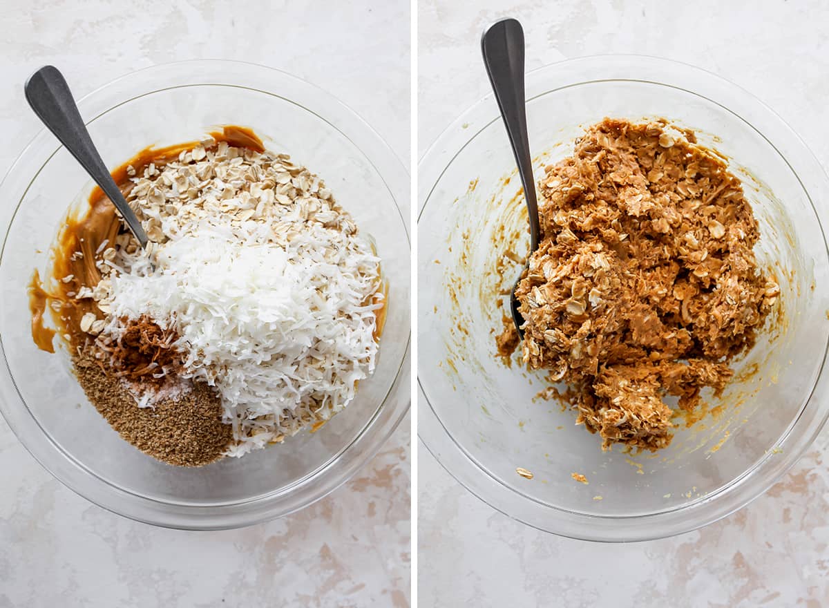 two photos showing how to make peanut butter protein balls - adding dry ingredients and stirring