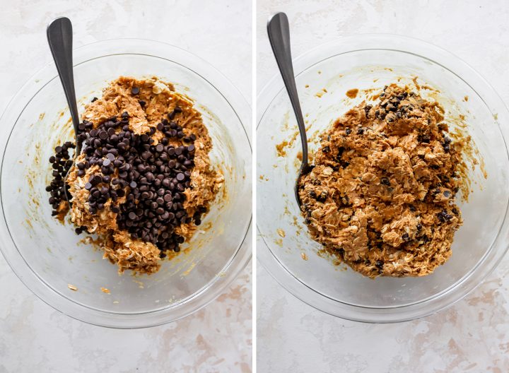 two photos showing how to make peanut butter protein balls - adding chocolate chips