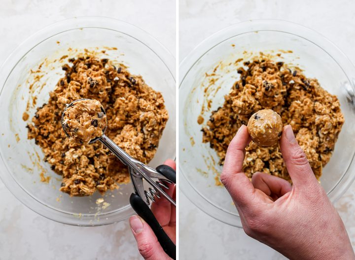 two photos showing how to make peanut butter protein balls - measuring and rolling into energy balls