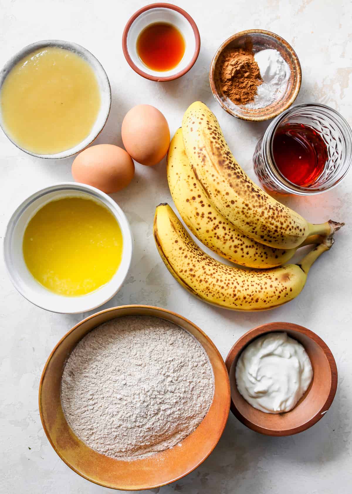 overhead view of the ingredients in this Healthy Banana Muffin recipe
