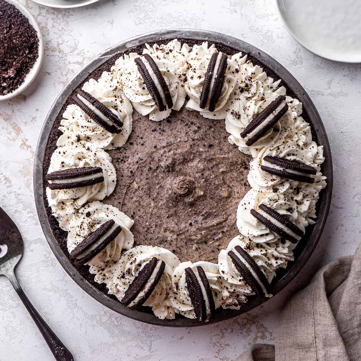 Overhead view of a decorated Oreo pie in a pie dish