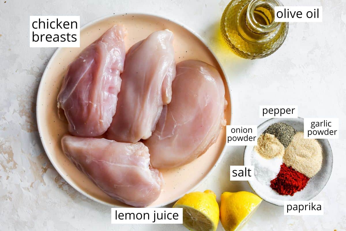 overhead view of the labeled ingredients in this Baked Chicken Breasts recipe