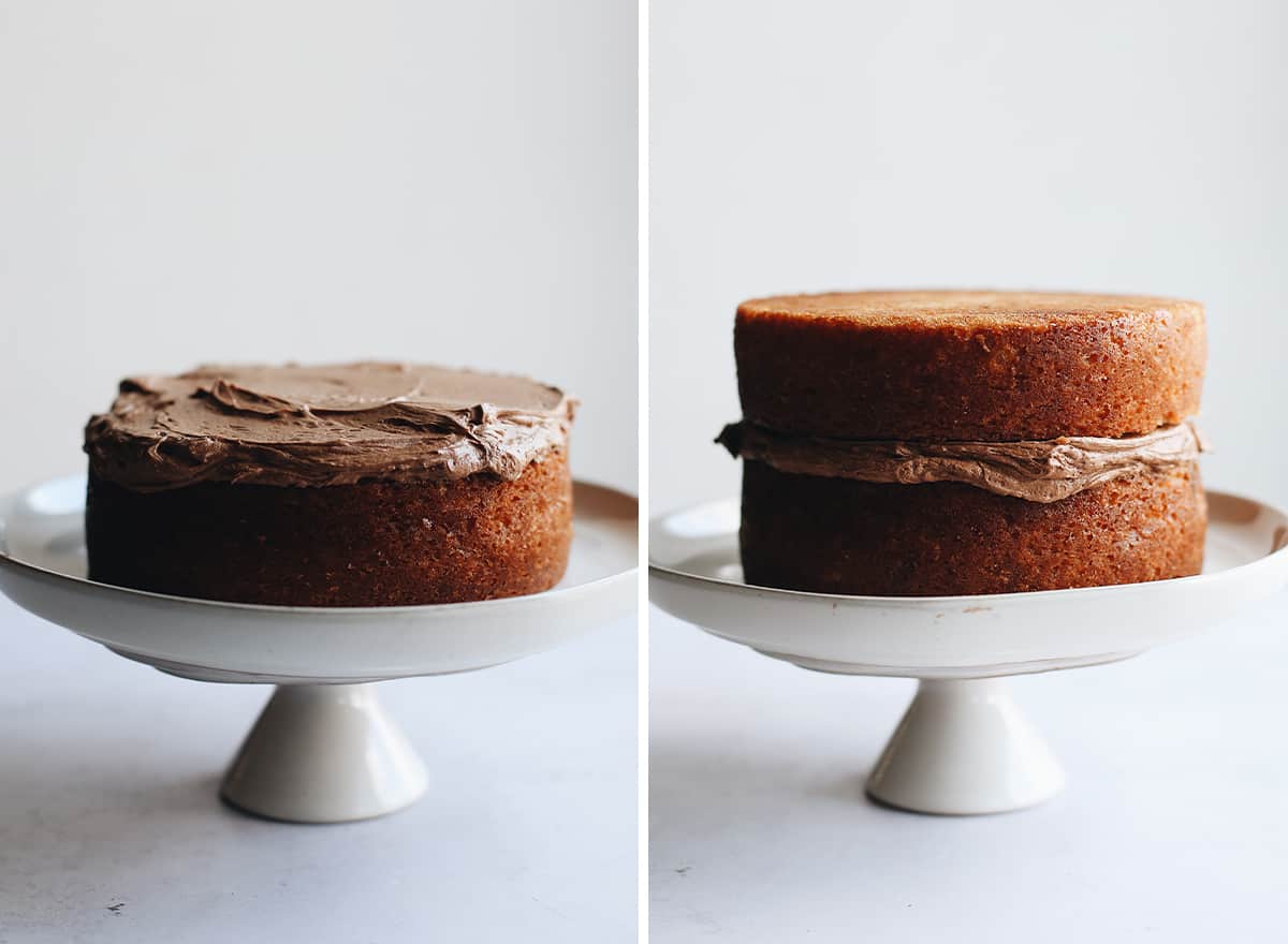 two photos showing how to frost a yellow cake