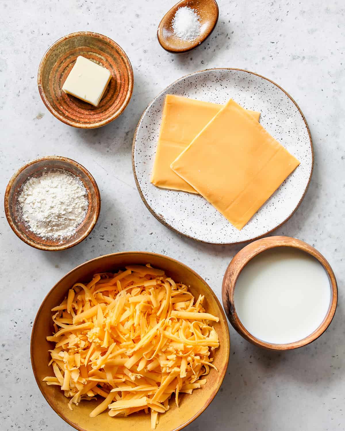 overhead view of the ingredients in this Cheese Sauce recipe