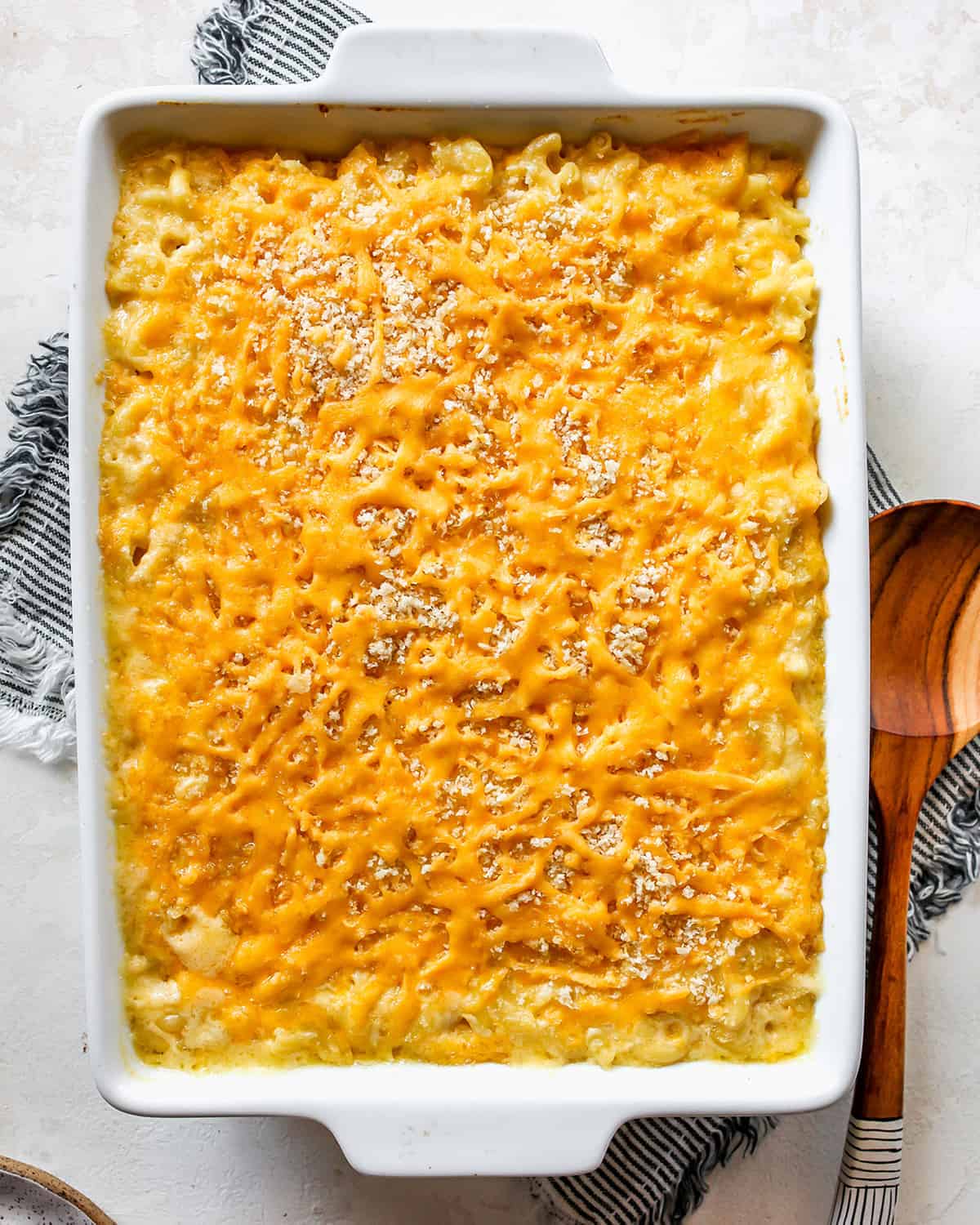 overhead view of Baked Macaroni and Cheese in a white baking dish after baking