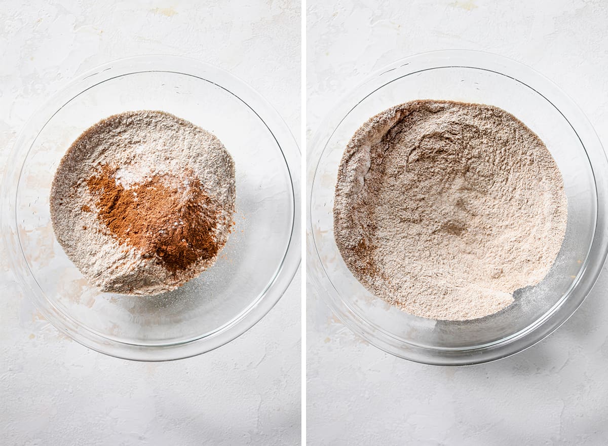 two photos showing how to make Healthy Banana Muffins - mixing dry ingredients