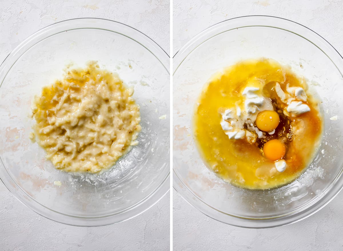 two photos showing how to make Healthy Banana Muffins - combining wet ingredients