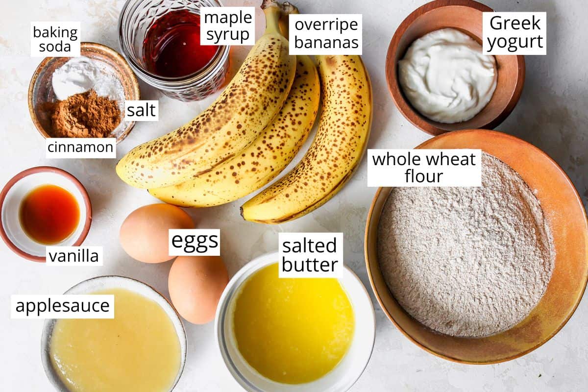 overhead view of the labeled ingredients in this Healthy Banana Muffin recipe