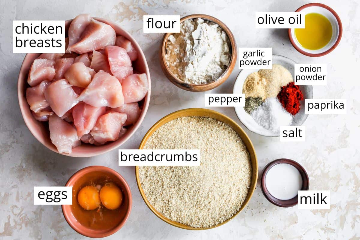 overhead view of the labeled ingredients in this Homemade Chicken Nuggets recipe