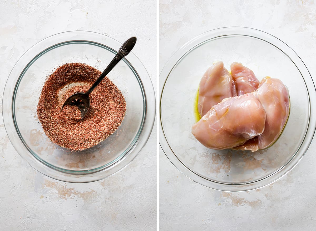two photos showing how to cook chicken breasts in the oven - making the spice mixture & coating the chicken with oil
