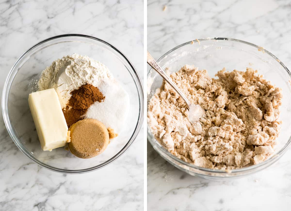 two photos showing how to make apple crisp - making the crisp topping