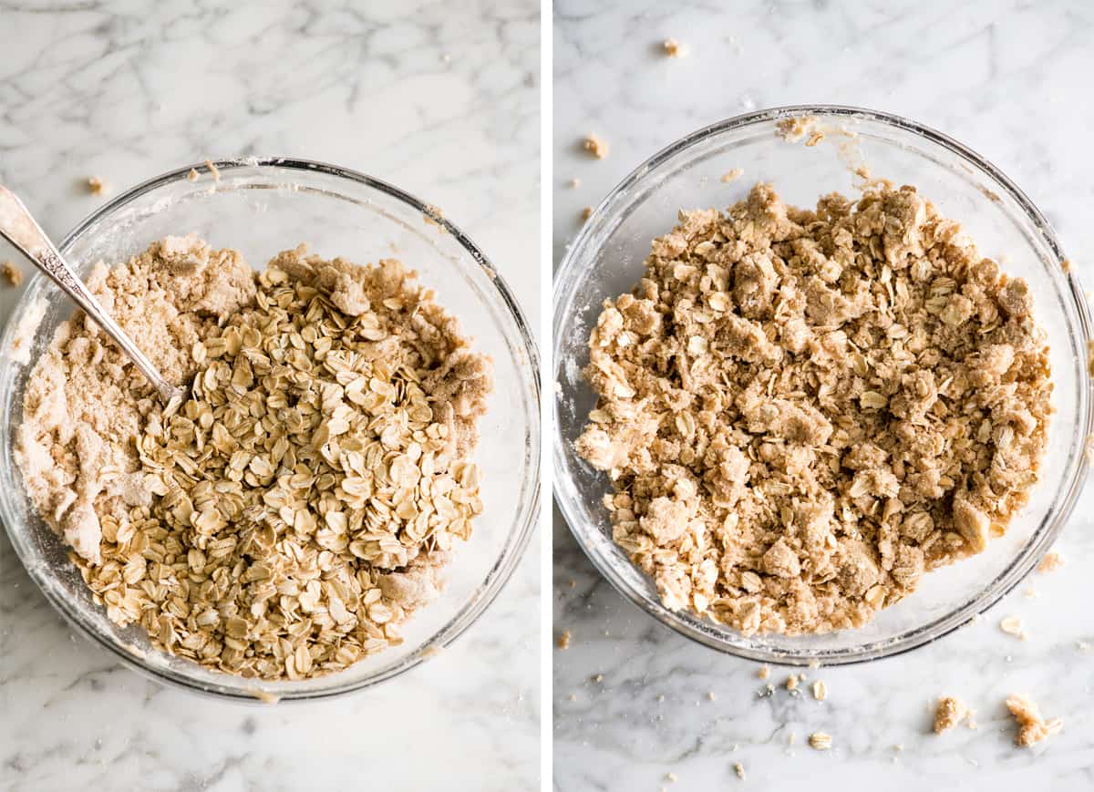 two photos showing how to make apple crisp - making the crisp topping