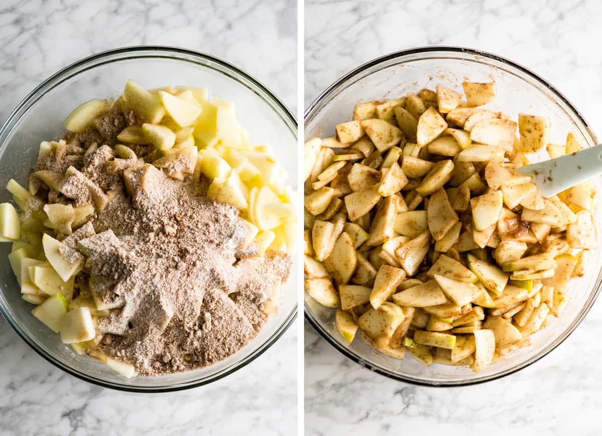two photos showing how to make apple crisp - making the filling
