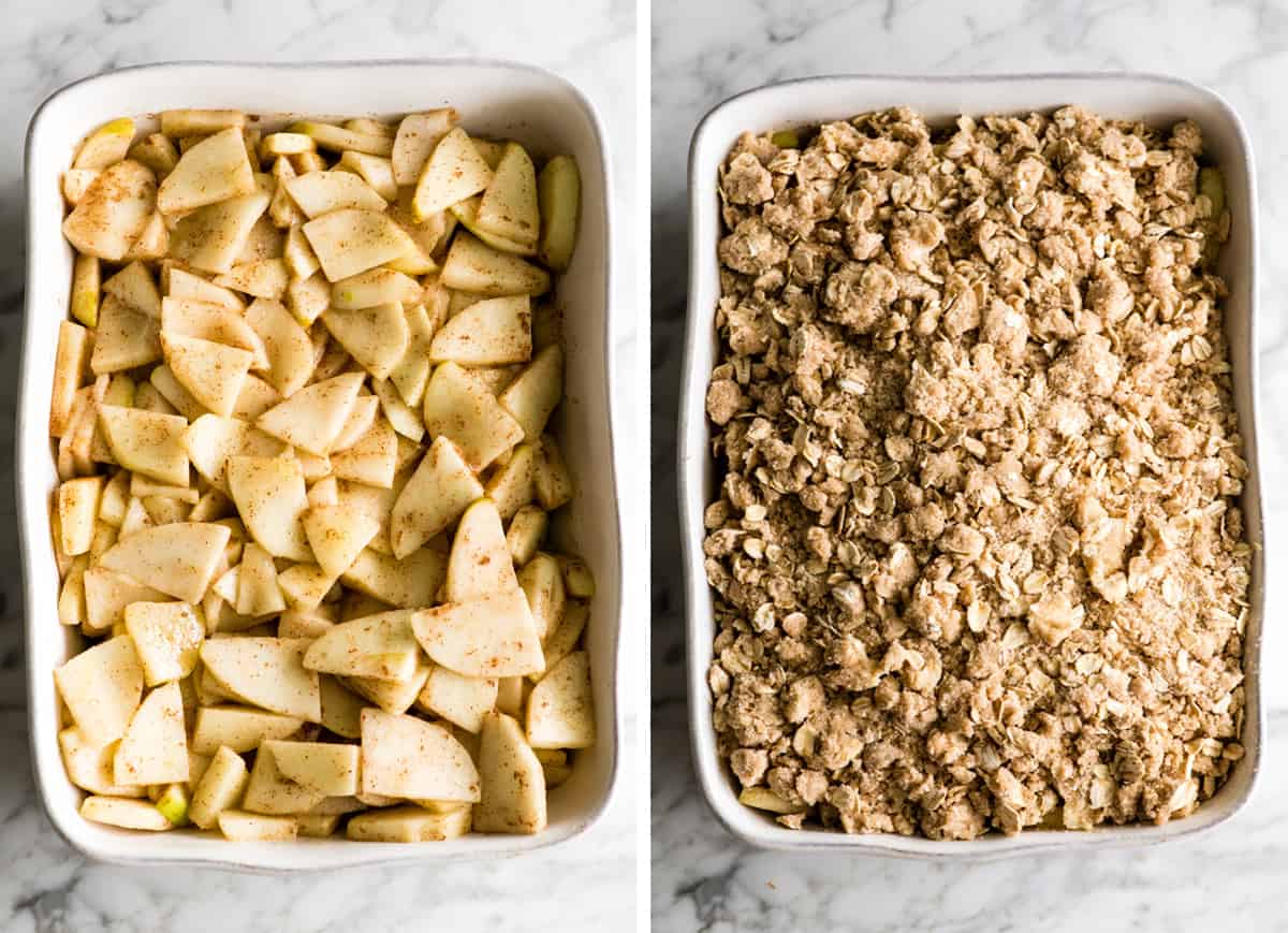 two photos showing how to make apple crisp - in the baking dish with and without the topping before baking
