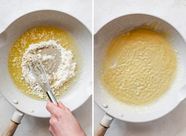 two overhead photos showing How to Make Baked Mac and Cheese - making the roux for the cheese sauce