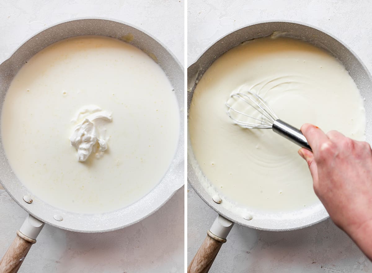 two overhead photos showing How to Make Baked Mac and Cheese - making the cheese sauce