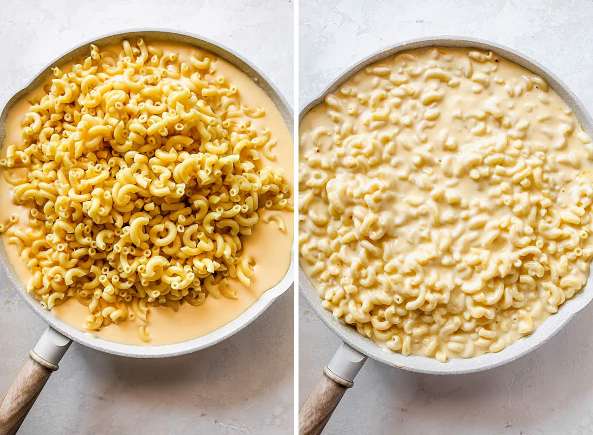 two overhead photos showing How to Make Baked Mac and Cheese - adding the cooked macaroni to the cheese sauce