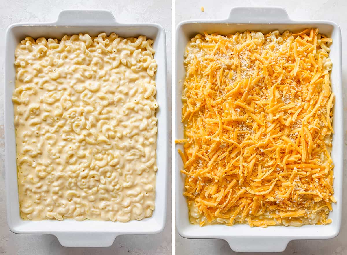 two overhead photos showing How to Make Baked Mac and Cheese - in the baking dish before and after baking