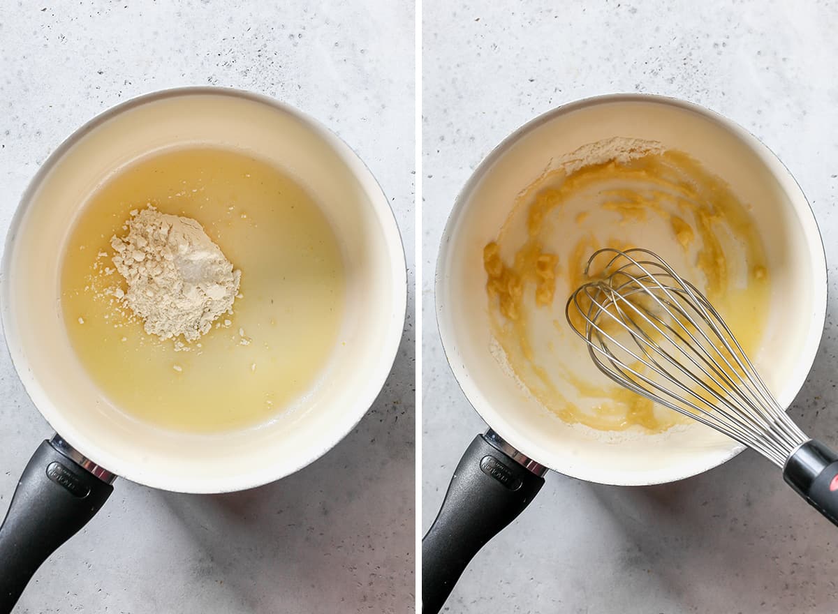 two photos showing how to make cheese sauce - making the roux