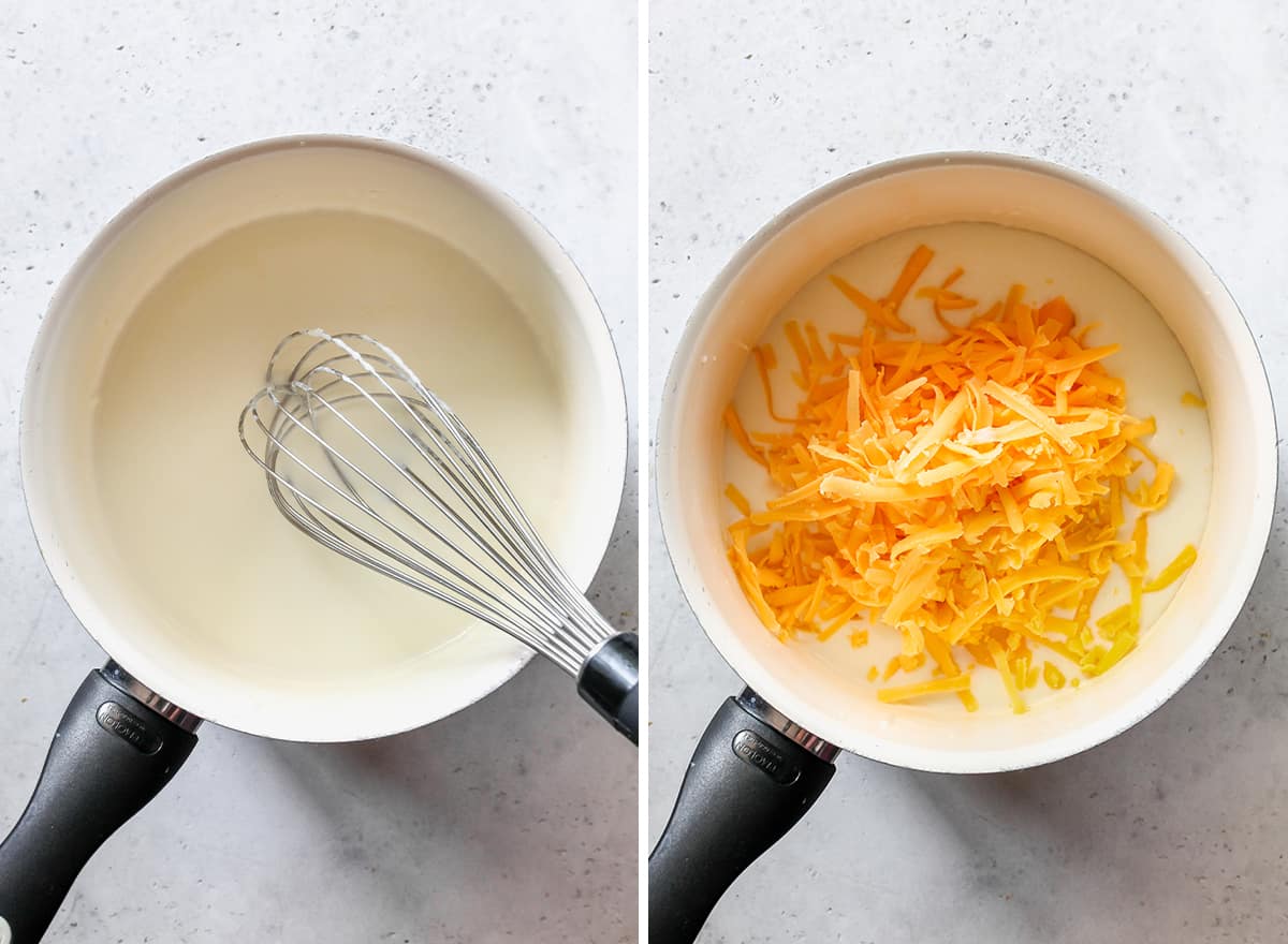 two photos showing how to make cheese sauce - adding milk and cheese 