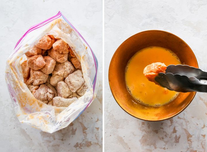 two photos showing How to Make Chicken Nuggets - coating chicken with flour and dipping it into the egg mixture