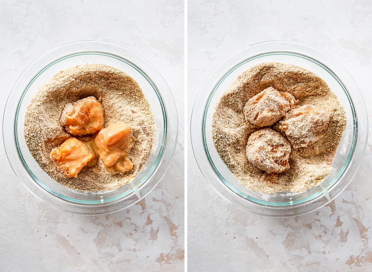 two photos showing How to Make Chicken Nuggets - coating chicken with breadcrumb coating