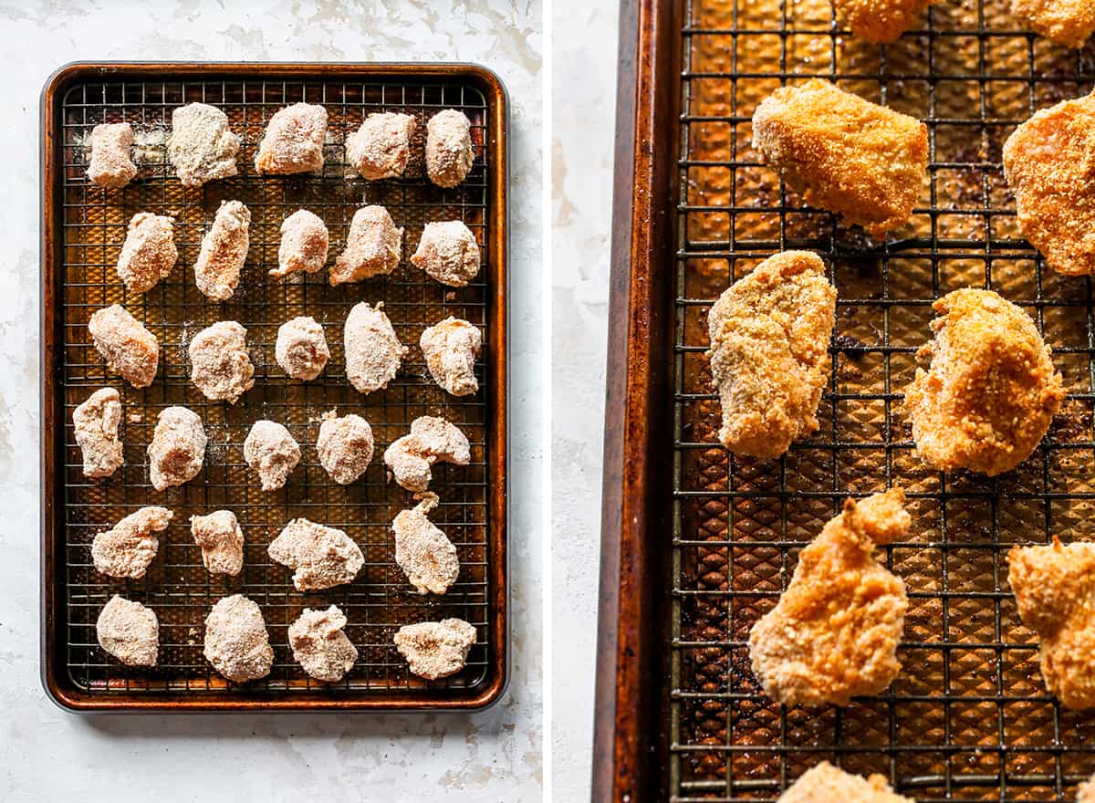 two photos showing How to Make Chicken Nuggets - before and after baking on a baking sheet lined with a wire metal rack
