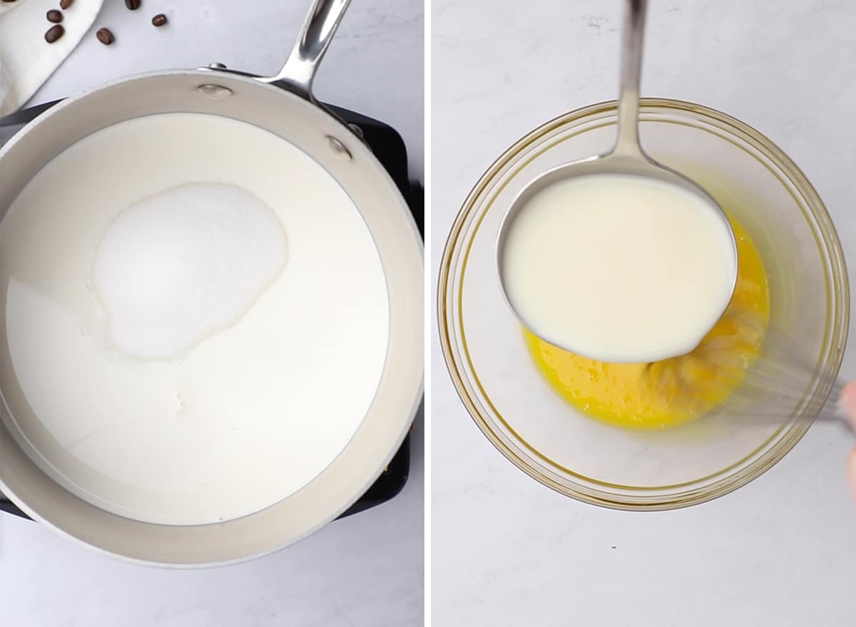 two photos showing How to Make Coffee Ice Cream - making the custard by warming milk and egg miture