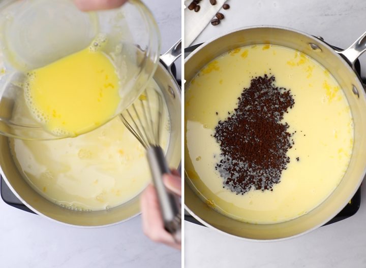 two photos showing How to Make Coffee Ice Cream adding instant coffee