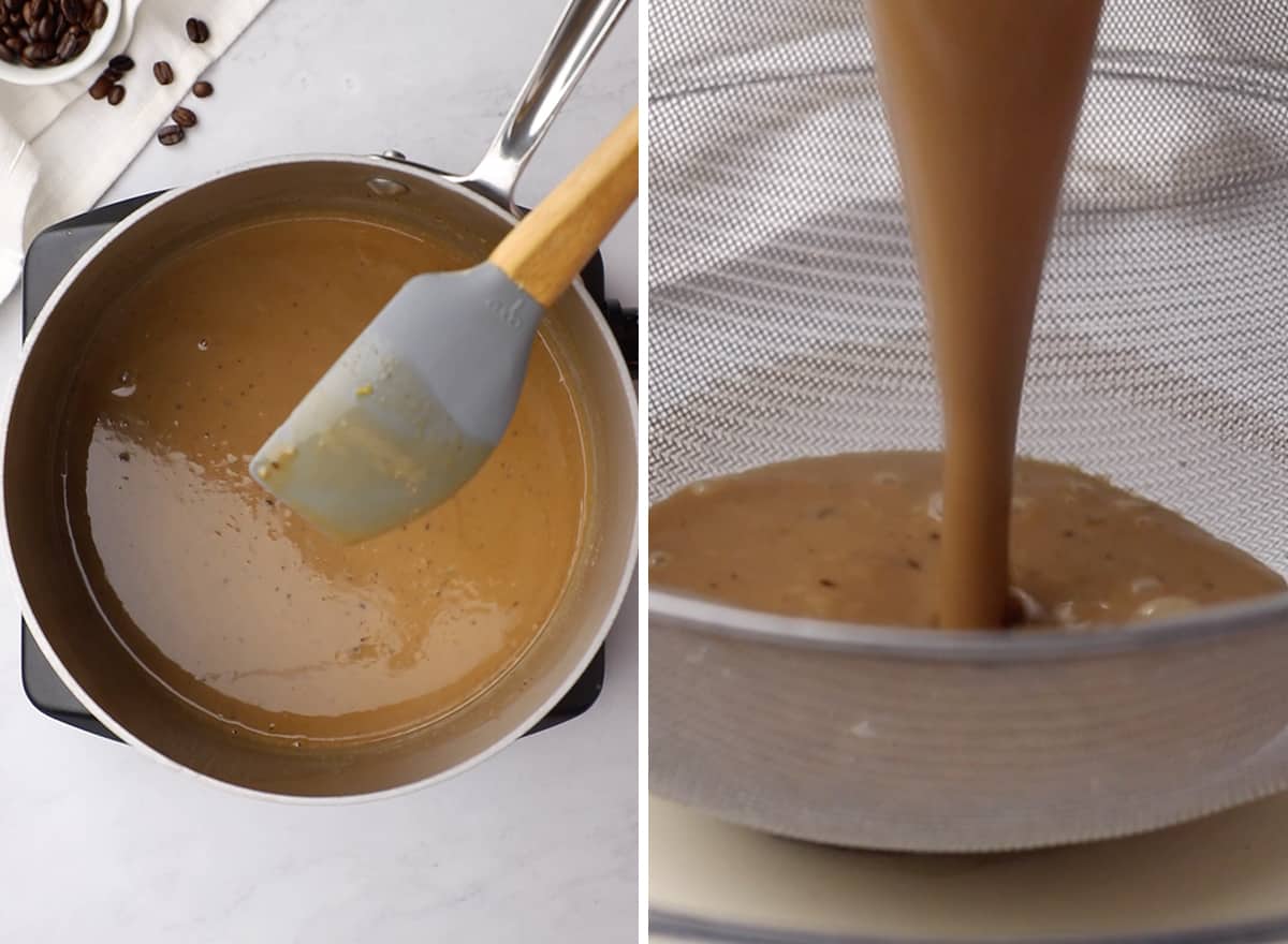 two photos showing How to Make Coffee Ice Cream - straining the custard 